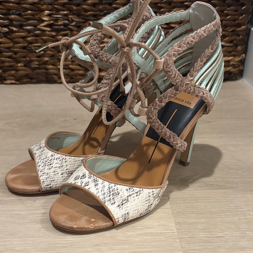 Dolce Vita Strappy Snake Print Heels in Cream and Tan